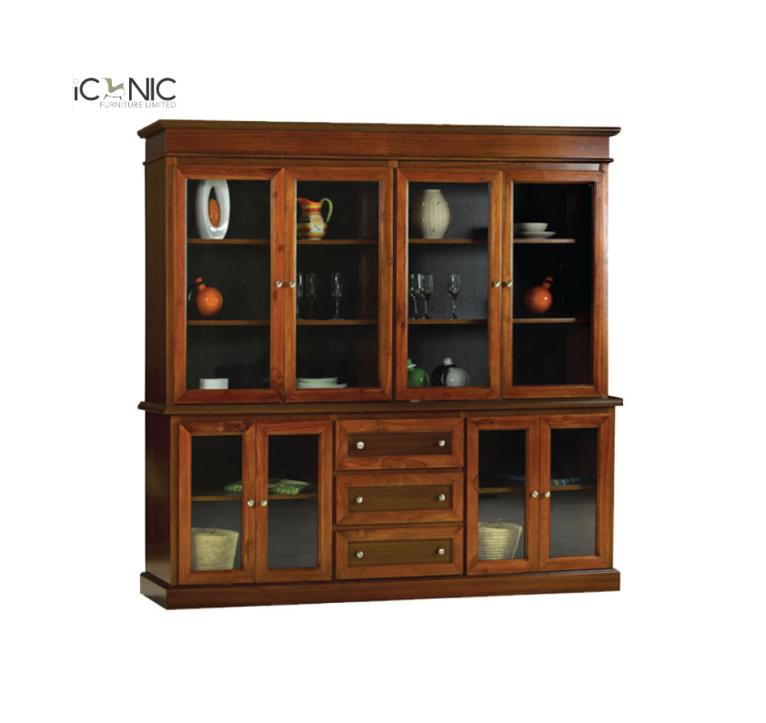 Large wooden dining display cabinet with glass shelves drawers and storage cabinets