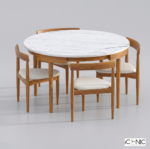 modern round marble top dining table set with wooden chairs and cushioned seats
