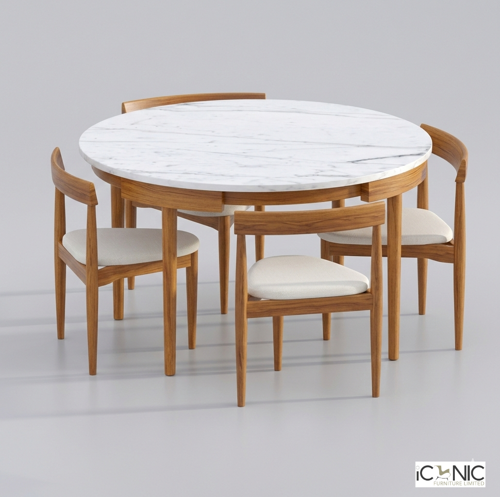 modern round marble top dining table set with wooden chairs and cushioned seats