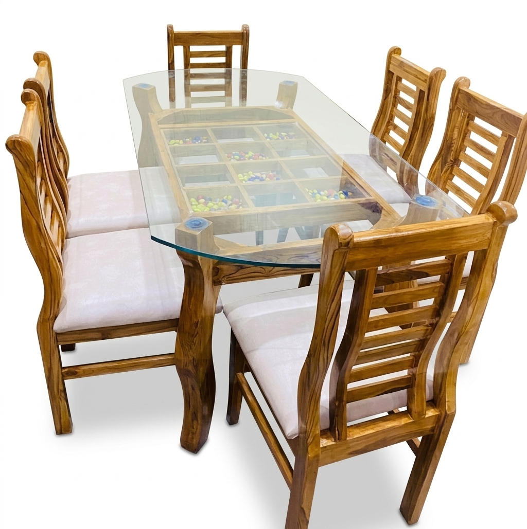 solid wood dining table set with glass top and six cushioned chairs