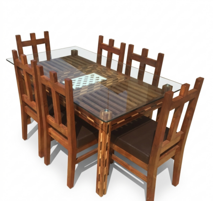 Modern wooden dining table set with glass top and six wooden chairs